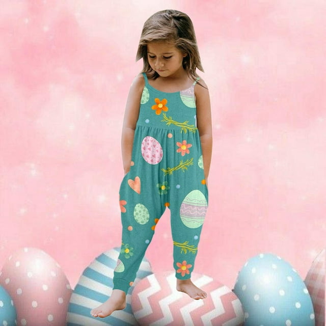 XDZJLR Combinaisons & Barboteuses pour Filles Imprimé de Pâques Sans Manches Pantalon Harem Vert 1-2 Ans