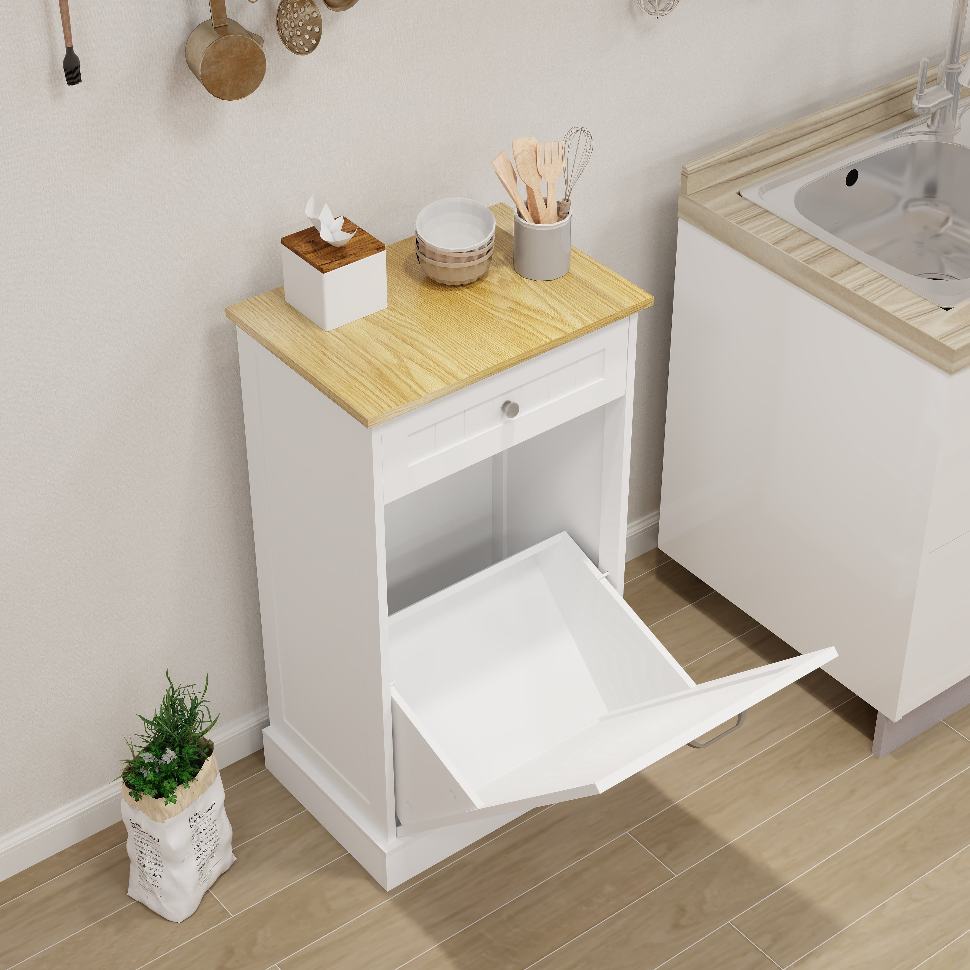 Aukfa Tilt Out Trash Cabinet,10 Gallons Freestanding Kitchen Trash Bin Cabinet,White