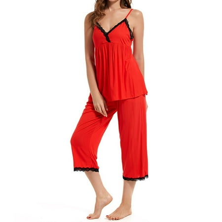 Paiwinds Women's Lace Trim Halter Pajama Set - with Cropped Pants Comfortable Nylon Spandex for Fall Lounging