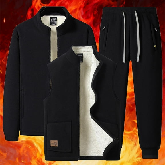 Miluxas Mens Winter Warm Quilted Fleece Lined Tracksuit Set Full Zip Fleece Jacket and Sweatpants with Zip Pockets Gray