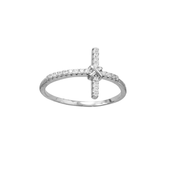 925 Sterling Silver Rhodium Plated CZ Sideways Religious Faith Cross Ring CZ 13.2mm X 17.4mm Band is 1.3mm Si Ring for W