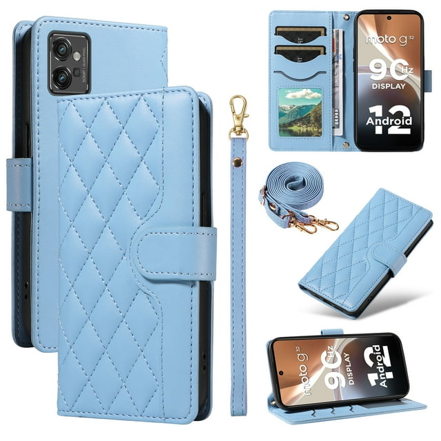 Motorola MOTO G32 Phone Case , Wallet Flip Cover Adjustable Crossbody Lanyard Magnetic Card Slots