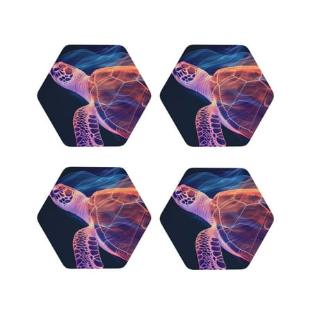 

Tebeau Abstract Line Turtle Print Set of 4 Leather Drink Coasters Round Cup Mat Pad for Home and Kitchen Use 4 -Hexagon