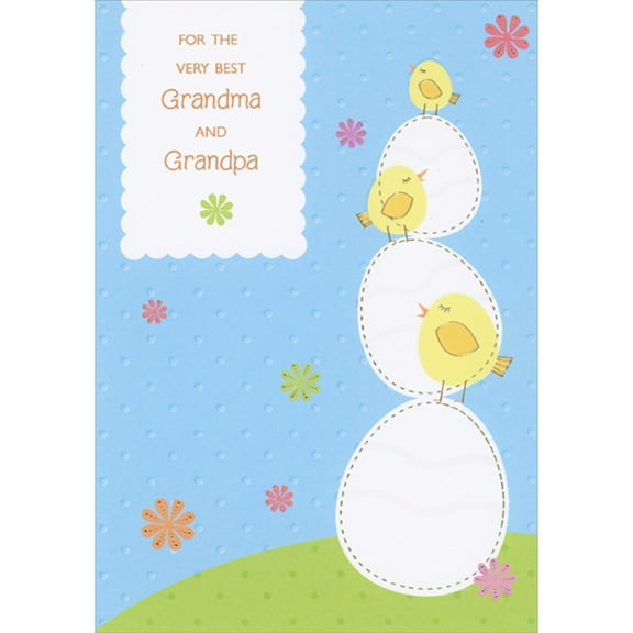 Designer Greetings Chicks and Stack of Three Eggs on Blue Polka Dot Background Juvenile Easter Card for Grandma and Grandpa