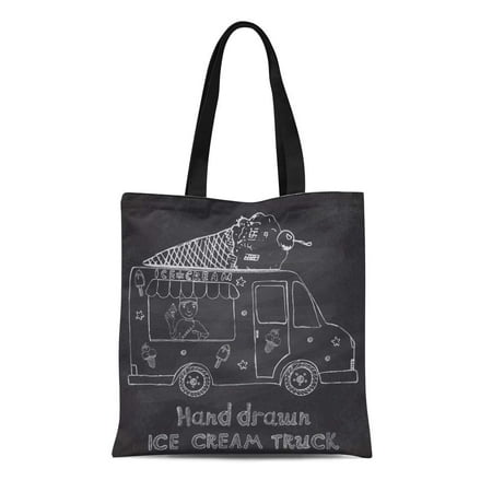 ASHLEIGH Canvas Bag Resuable Tote Grocery Shopping Bags Sketch Ice Cream Truck with Yang Man Seller and Cone on Top Chalkboard Raster Tote Bag