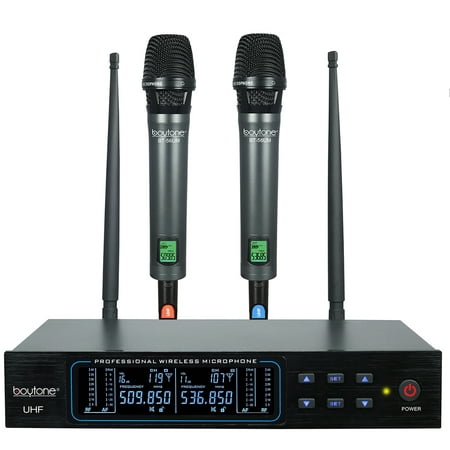 Boytone BT-56UM 120-Channel Dynamic Dual UHF Wireless Microphone System, Metal Cordless Mic and Base Set, Long Distance 200-240 Ft, 16 Hours Continuous Use for Concert, Studio, Party, Church, Karaoke