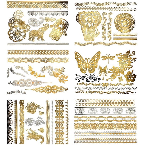 Terra Tattoos Gold Henna Temporary Tattoos 75 Fake Metallic Tattoos Walmart Com Walmart Com