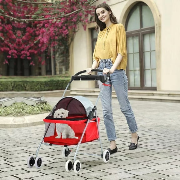 Folding Pet Strollers Dog Stroller for Small Dogs Cat Stroller for Cats No Escape with Cup Holder, Red