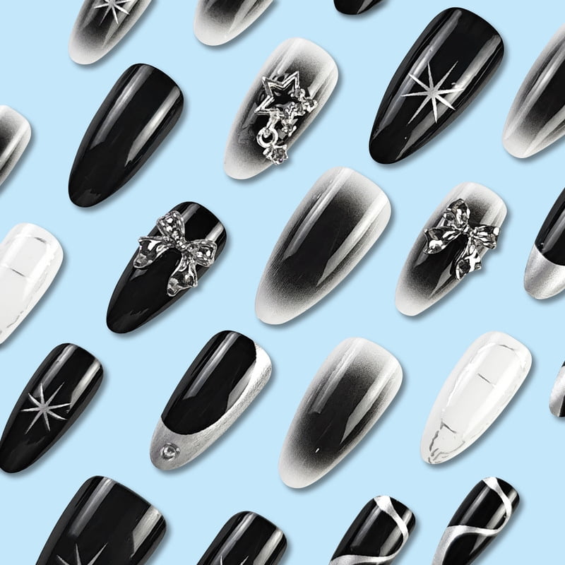 24pcs Y2k Cool Girl Fake Nails Sliver Star Almond False Nails Wearable Detachable 3D Butterfly Press on Nail Tips for Girl Women