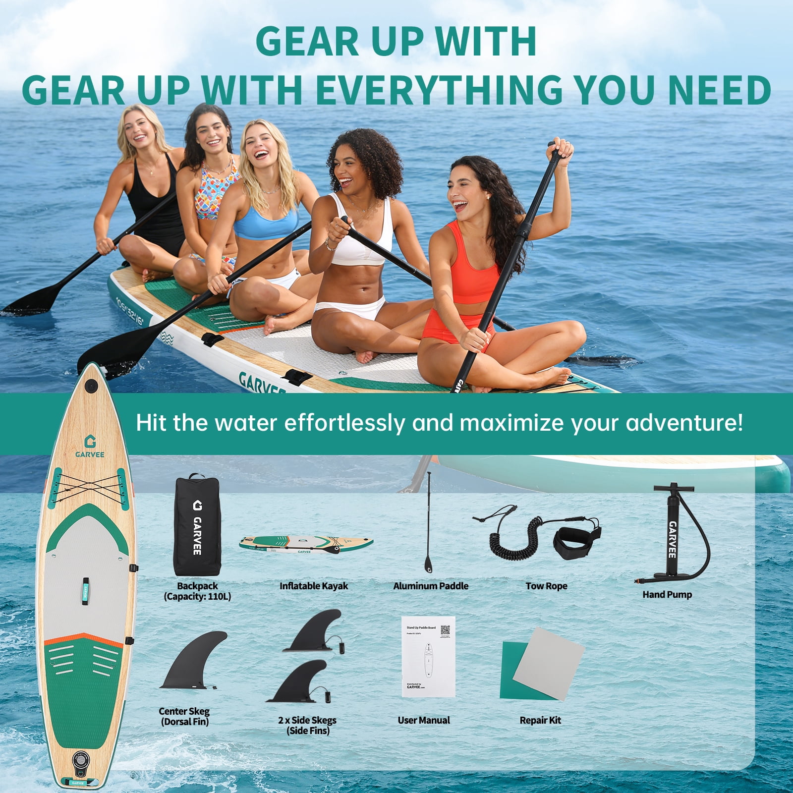 Inflatable Stand Up Paddle Board 11.5' Upright Paddle Board with Adjustable Aluminum Paddle, 33" Wide Stable Deck, Non-Slip Surface, for Adults & Youth