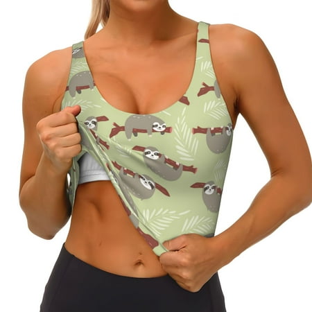 Qokaie Twig Sloth Pattern Womens Scoop Neck Sports Bra Breathable Workout Vest Padded U Back Medium Impact Fitness Gym Yoga Bra Workout Crop Top