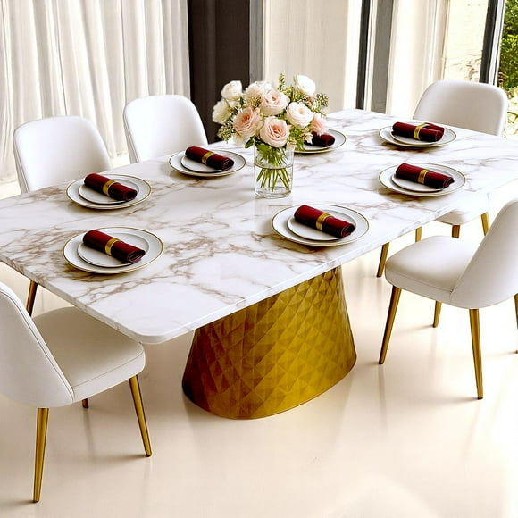 ESSENICA Table à Manger de 79 Pouces, Dessus en Pierre Frittée Robuste, Base Dorée, 8 Places (Auralia)