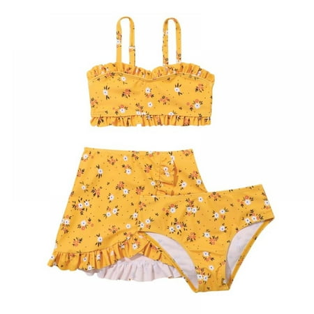 

BULLPIANO Girl s Print Underwire Swimsuit Bikini Set 3 Piece Bathing Suit with Wrap Skirt 2-10 Years