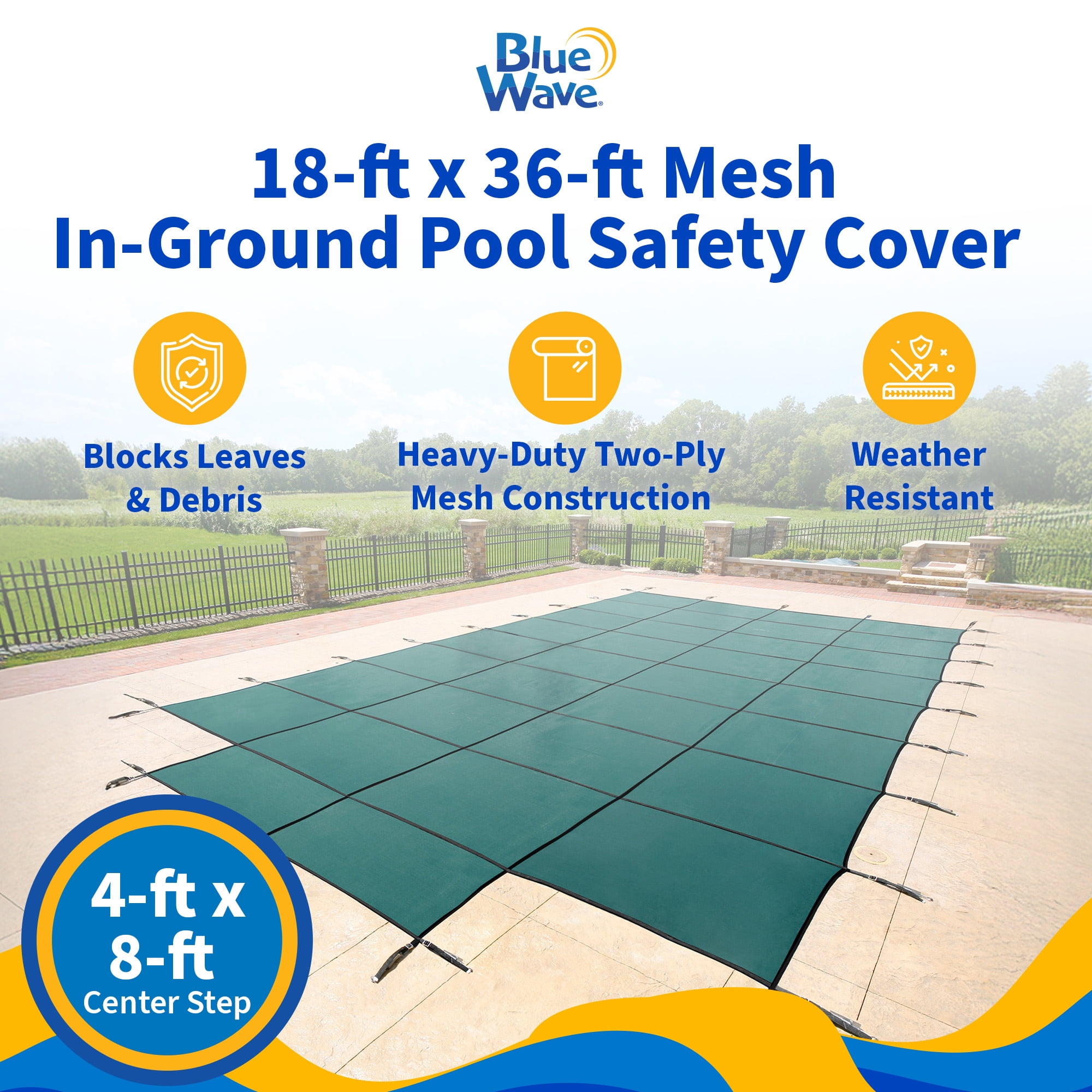 Blue Wave 18' x 36' Rectangular Mesh In-Ground Pool Safety Cover with 4' x 8' Center Step - Green