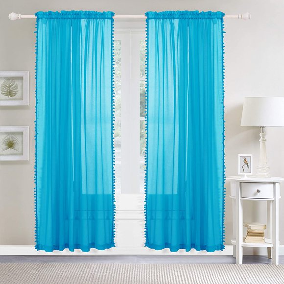 Mocassi Semi-Sheer Curtains with Pom Pom Tassels - 2 Piece Set - 2 inch Rod Pocket - Solid Sheer Curtain Drapes for Living Room, Bedroom, 60" x 84", Turquoise