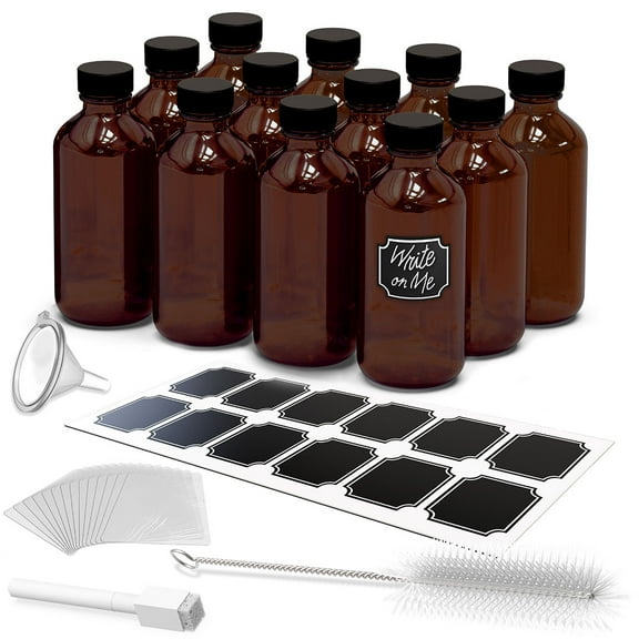 Nevlers 8 oz Boston Round Amber Glass Bottles (Set of 12) | Includes Funnel, Brush and Marker