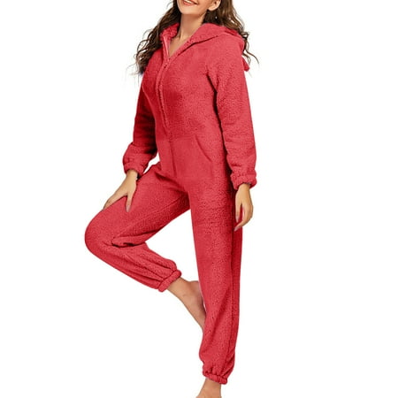 Arnsht One Piece Sherpa Fleece Onesies Pajamas for Women Plush Thick Warm Romper Sleepwear Long Sleeve Full Zip up Jumpsuit Casual Fuzzy Playsuit Loungewear with Cute Cat Ear Hood Dark Red XXL