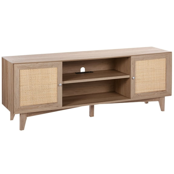 SKYSHALO Oak TV Console, Mid-Century Design for 75" TVs, Bohemian Rattan Cabinet with Integrated Socket and USB, Flexible Shelving for Lounge or Media Space