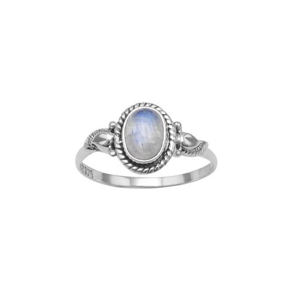 Rainbow Moonstone Ring with Rope and Leaf Design Sterling Silver