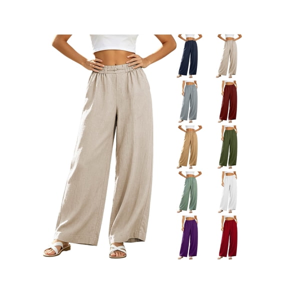 Linen Pants Women High Waisted Wide Leg Pant Lightweight Breathable Straight Leg Palazzo Trousers Casual Vacation Travel Clothing