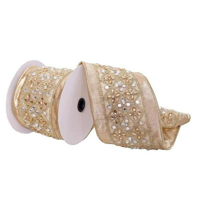 Vickerman Q222758 4 in. x 5 Yard Gold with Silver & Gold Jewels Wired Edge Christmas Ribbon