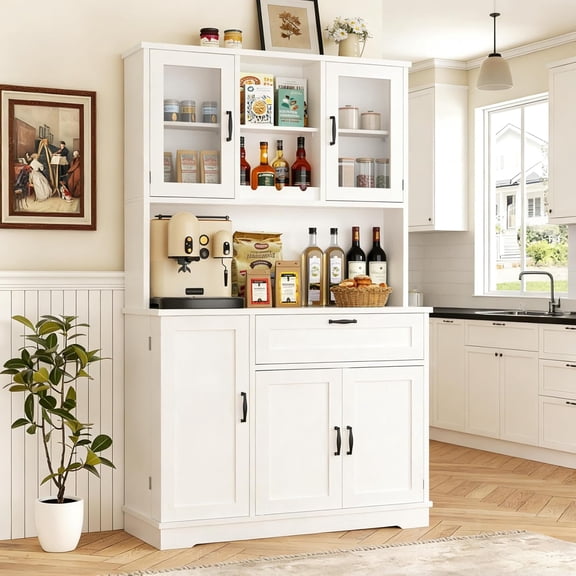 Vongrasig Kitchen Pantry Cabinet, Large Farmhouse Storage Cabinet with Microwave Stand, Tall Food Pantry for Dining Room, Living Room, White