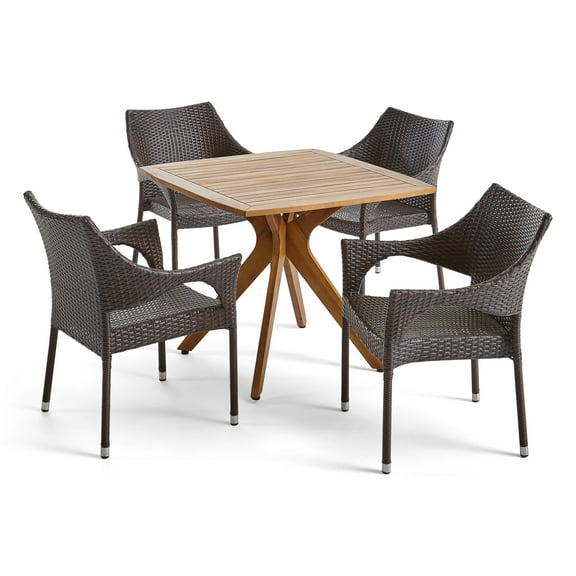 GDF Studio Mantero Outdoor Acacia Wood and Wicker 5 Piece Dining Set, Teak and Multibrown