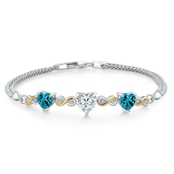 925 Silver and 10K Yellow Gold White Moissanite and London Blue Topaz and Lab Grown Diamond Bracelet for Women | 3.35 Cttw | Gemstone Birthstone | Heart Shape 7MM | 6.5/7/7.5 inch, Made in Italy