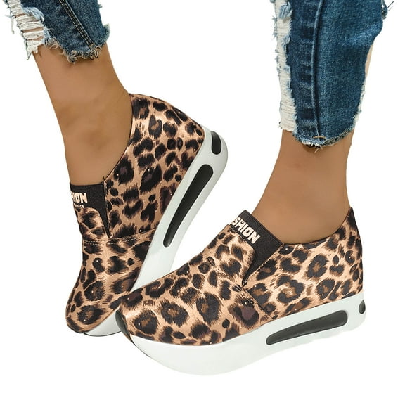 Leopard Platform Shoes for Women Trendy Casual Chunky Slip on Walking Loafers Height Increasing Work Sneakers