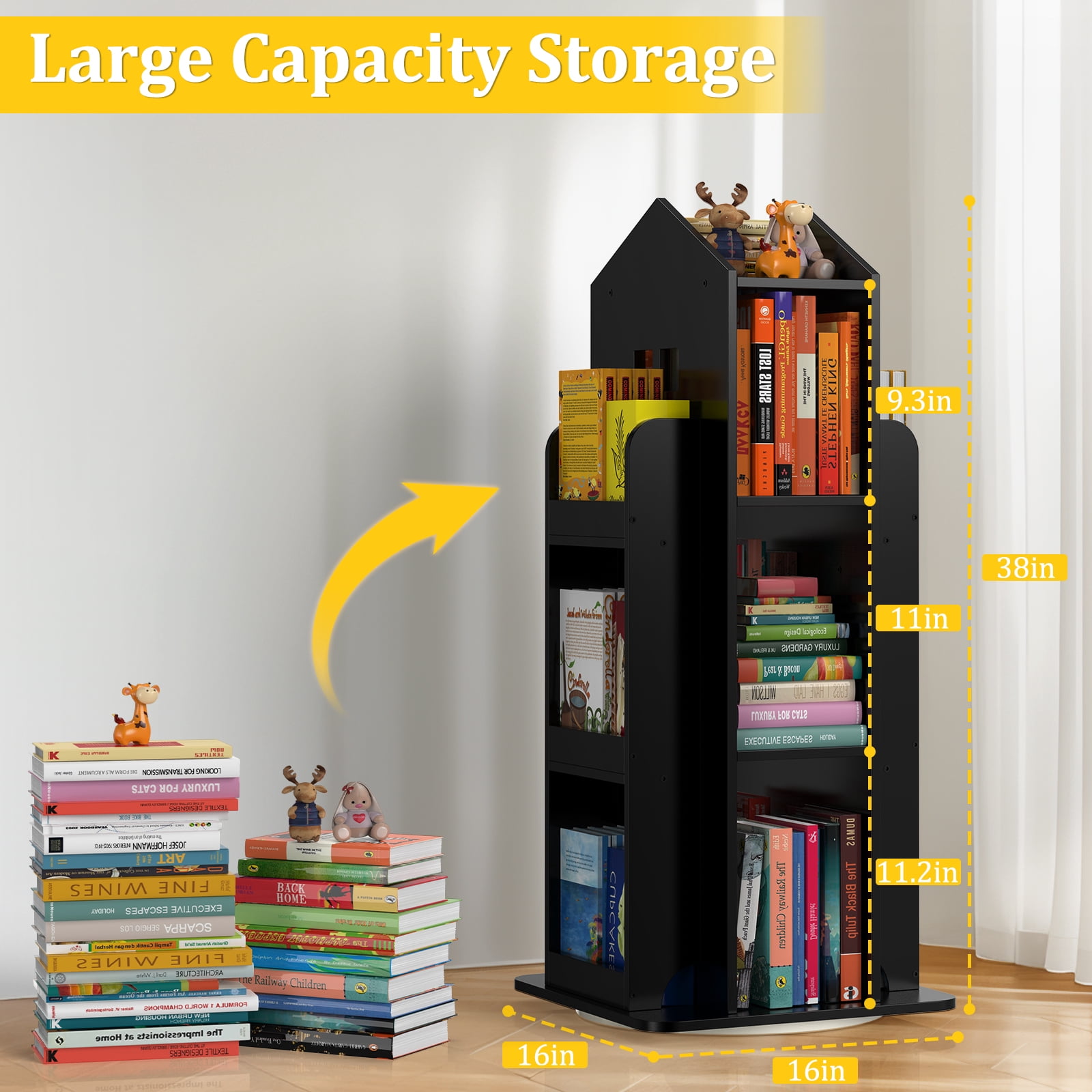 360° Rotating Kids Bookshelf, Black Engineered Wood House-Shaped Bookcase, 38in Tall Storage Organizer for Bedroom, Playroom, Living Room