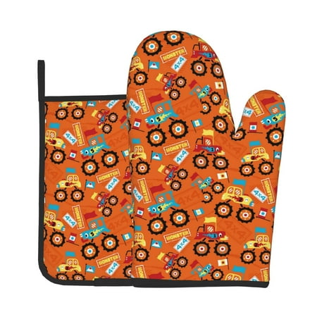 

Lukts Monster Truck Truck Cartoon Print Kitchen Heat-Resistant Gloves and Spacers 2pcs Set Suitable for Baking and Cooking