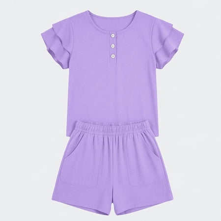 Ticikt Girls Summer 2-Piece Outfits Ruffle Short Sleeve Button Down Shirt and Shorts Set for Kids 5-13Y Purple