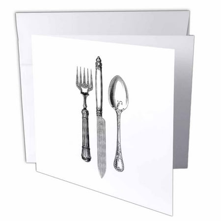 3dRose Black and white vintage cutlery set - fancy fork knife and spoon drawing - restaurant kitchen chef, Greeting Cards, 6 x 6 inches, set of 6