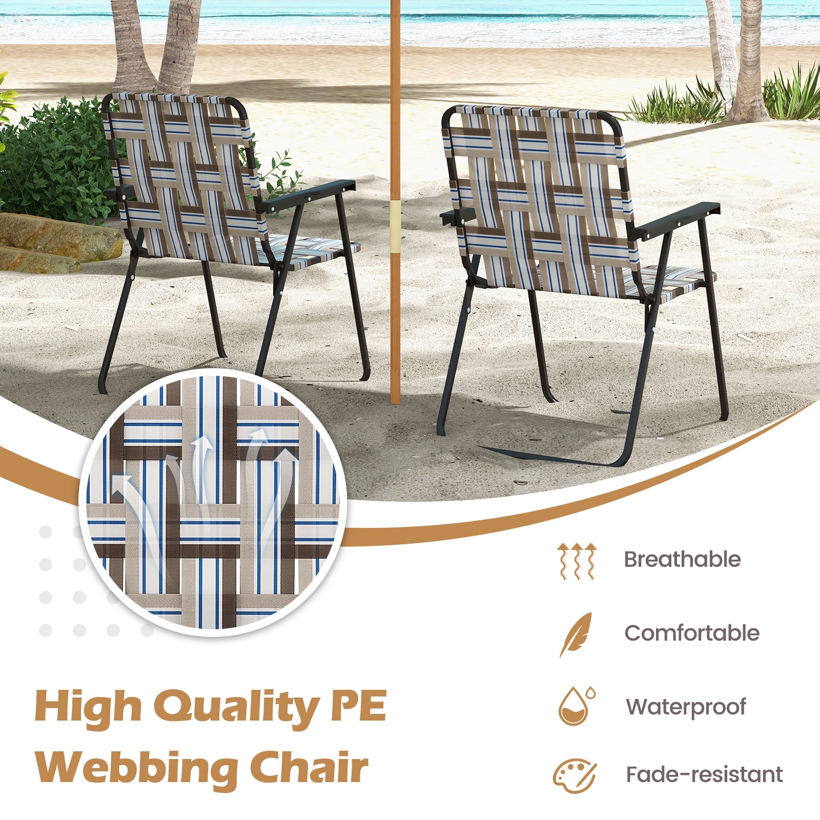 Topbuy Set of 2 Webbed Lawn Chairs, Outdoor Patio Folding Chairs w/ Heavy-Duty Metal Frame Lightweight Portable Web Camping Chairs Brown