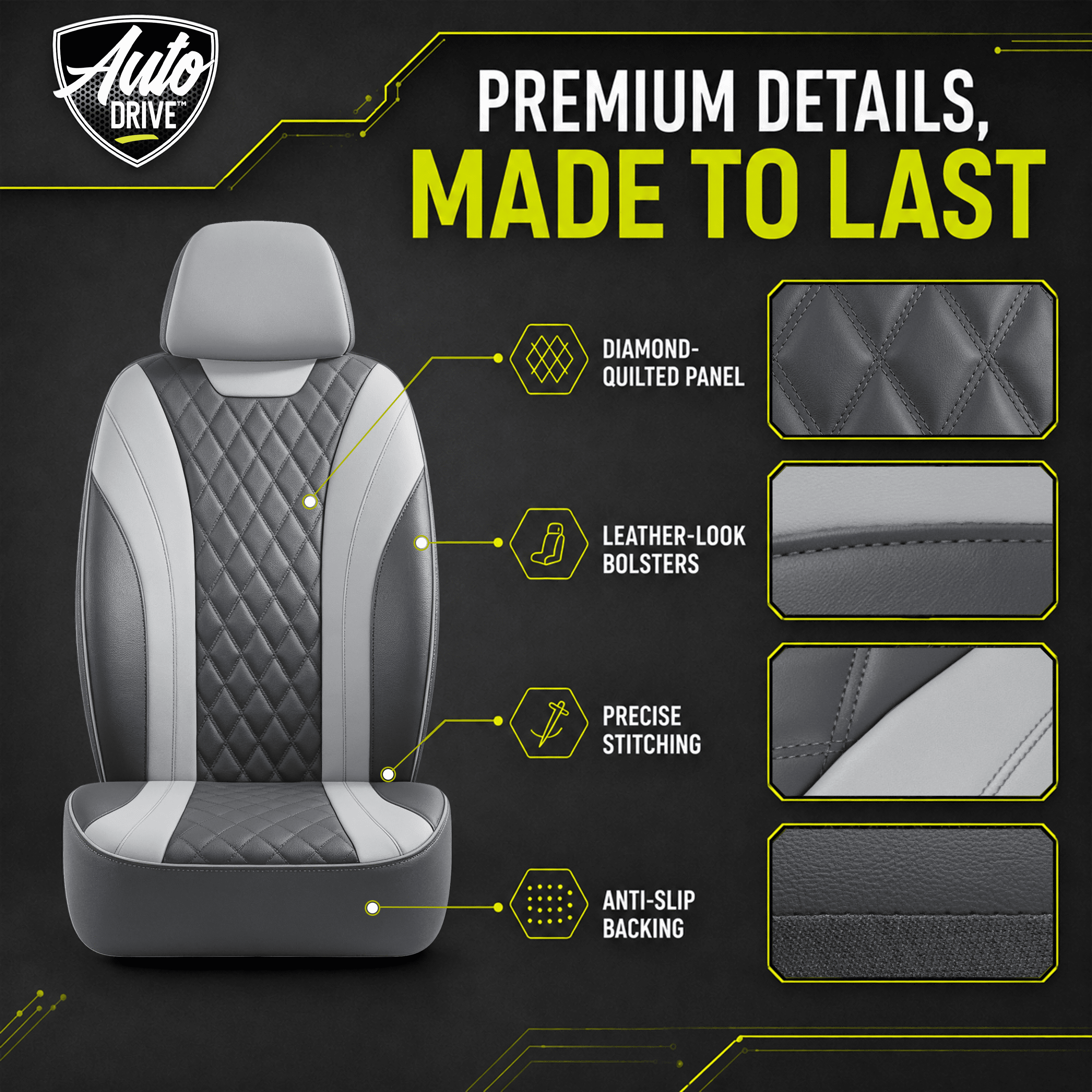 Auto Drive Car Seat Covers, Diamond Quilted Two-Tone Car Seat Covers Set, Universal Fit for Two Front Seats, Airbag Compatible for Cars, SUVs and Trucks Green Front Seat