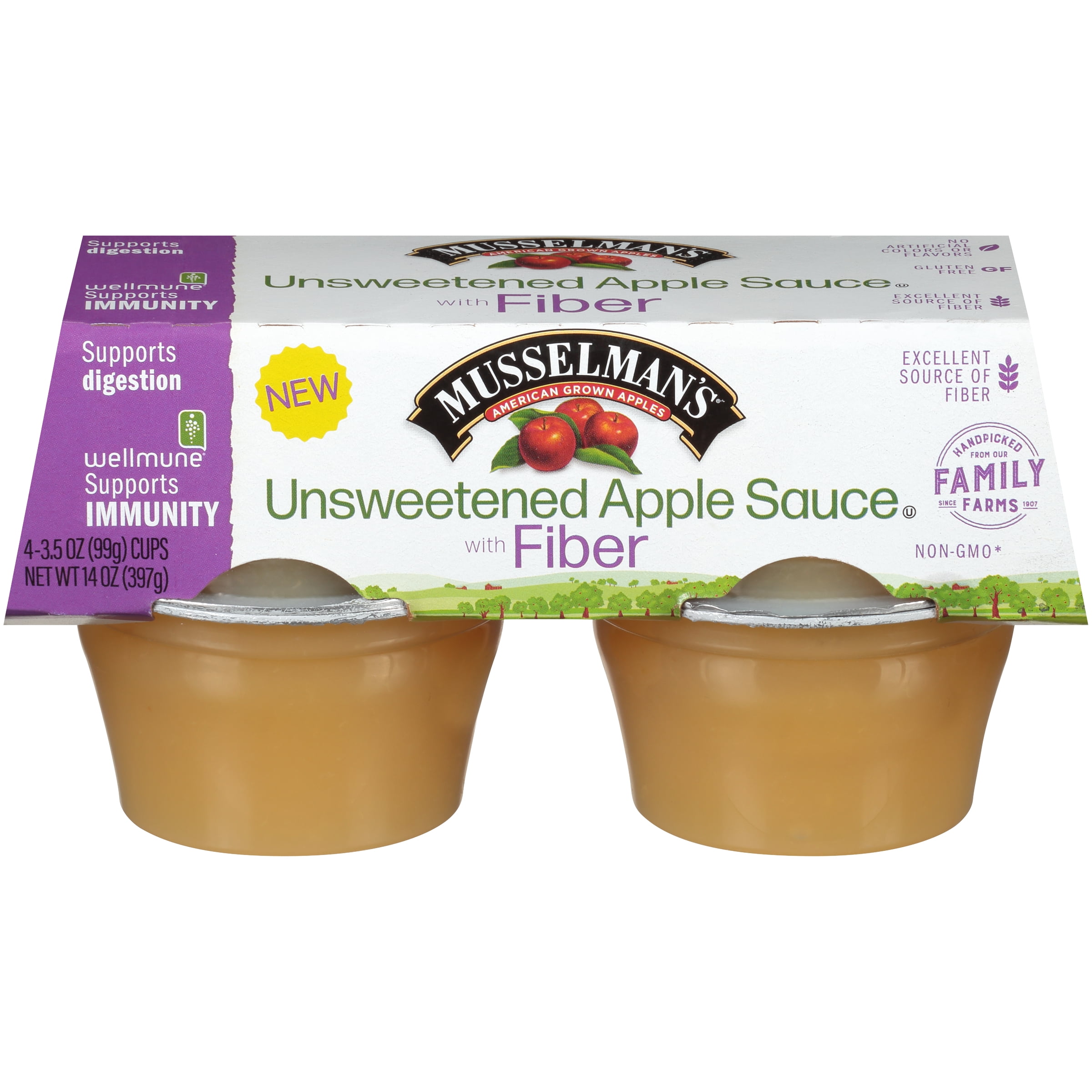 (4 Cups) Musselman's Unsweetened Applesauce with Fiber & Wellmune, 3