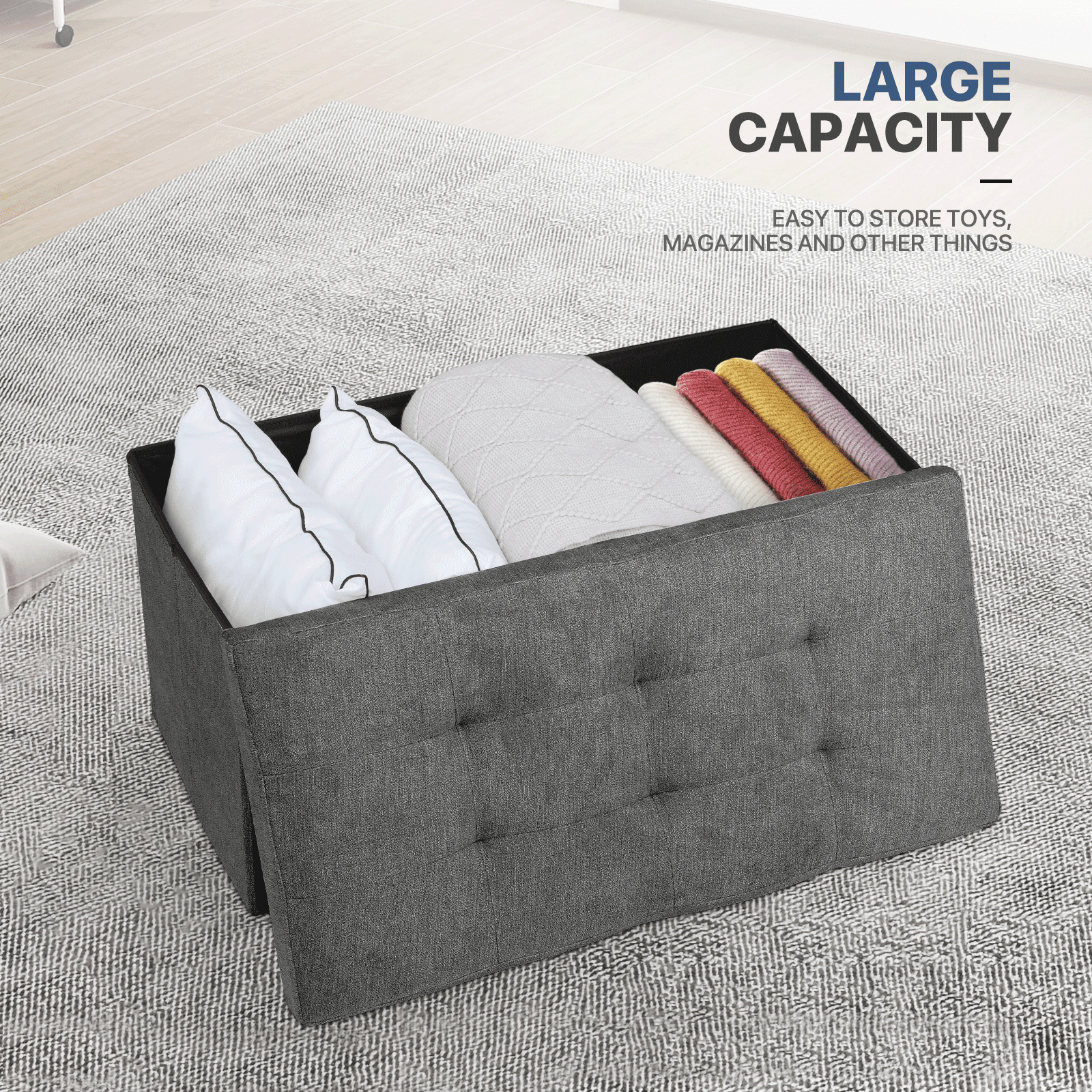 MoNiBloom 30" Folding Storage Ottoman Bench, Cotton-linen Collapsible Footrest Ottoman with Storage, for Living Room Bedroom Entryway, Dark Gray