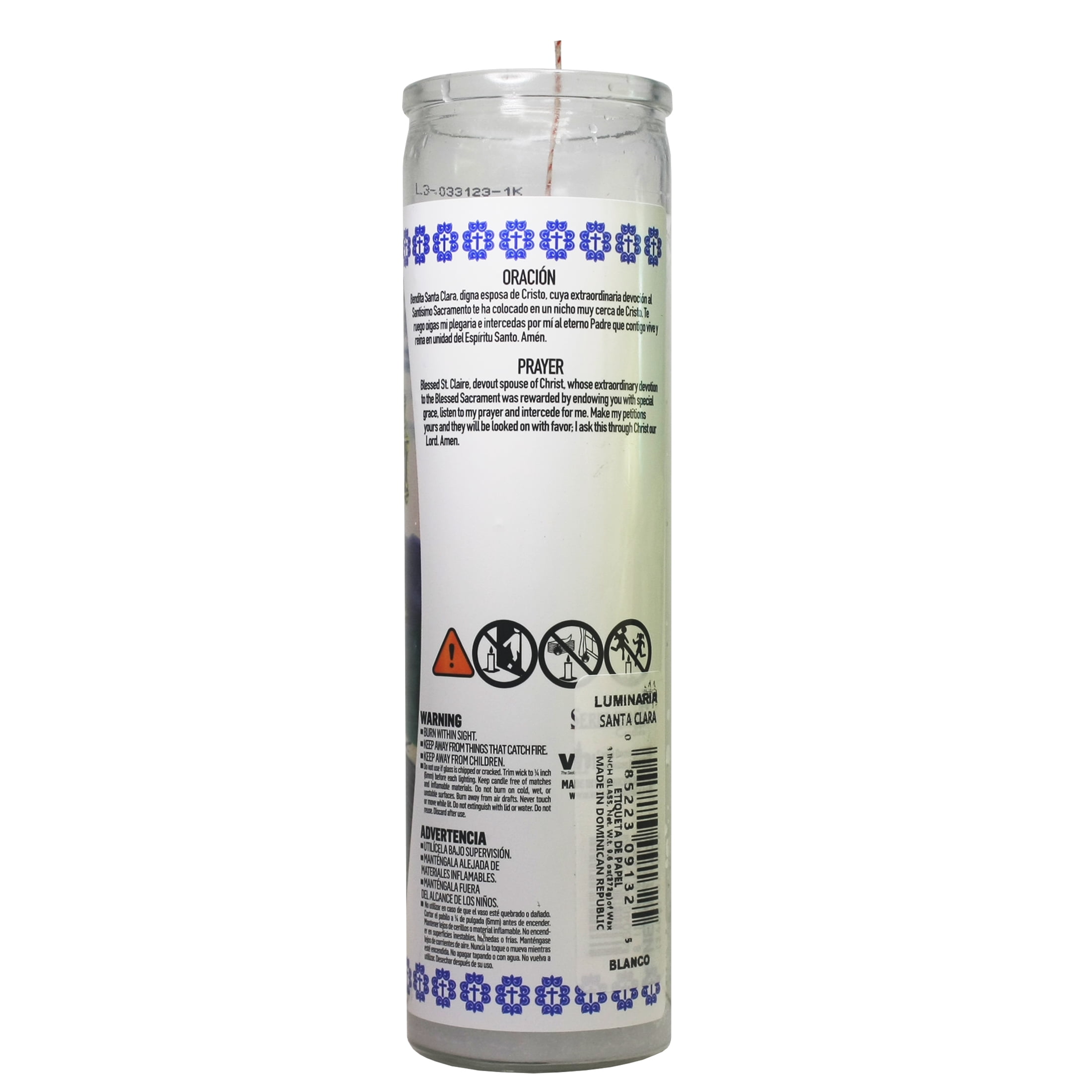 Luminaria Santa Clara White Unscented Religious Candle in Glass, 8 inches Tall