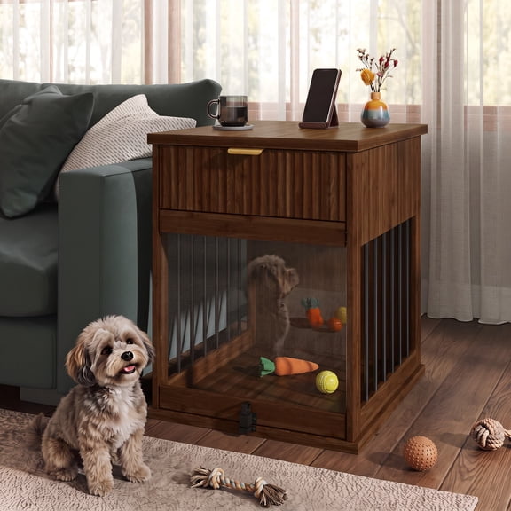 WRXELAN Dog Crate Furniture,Wooden Dog Kennel End Table,with Fluted Storage Drawers,Walnut