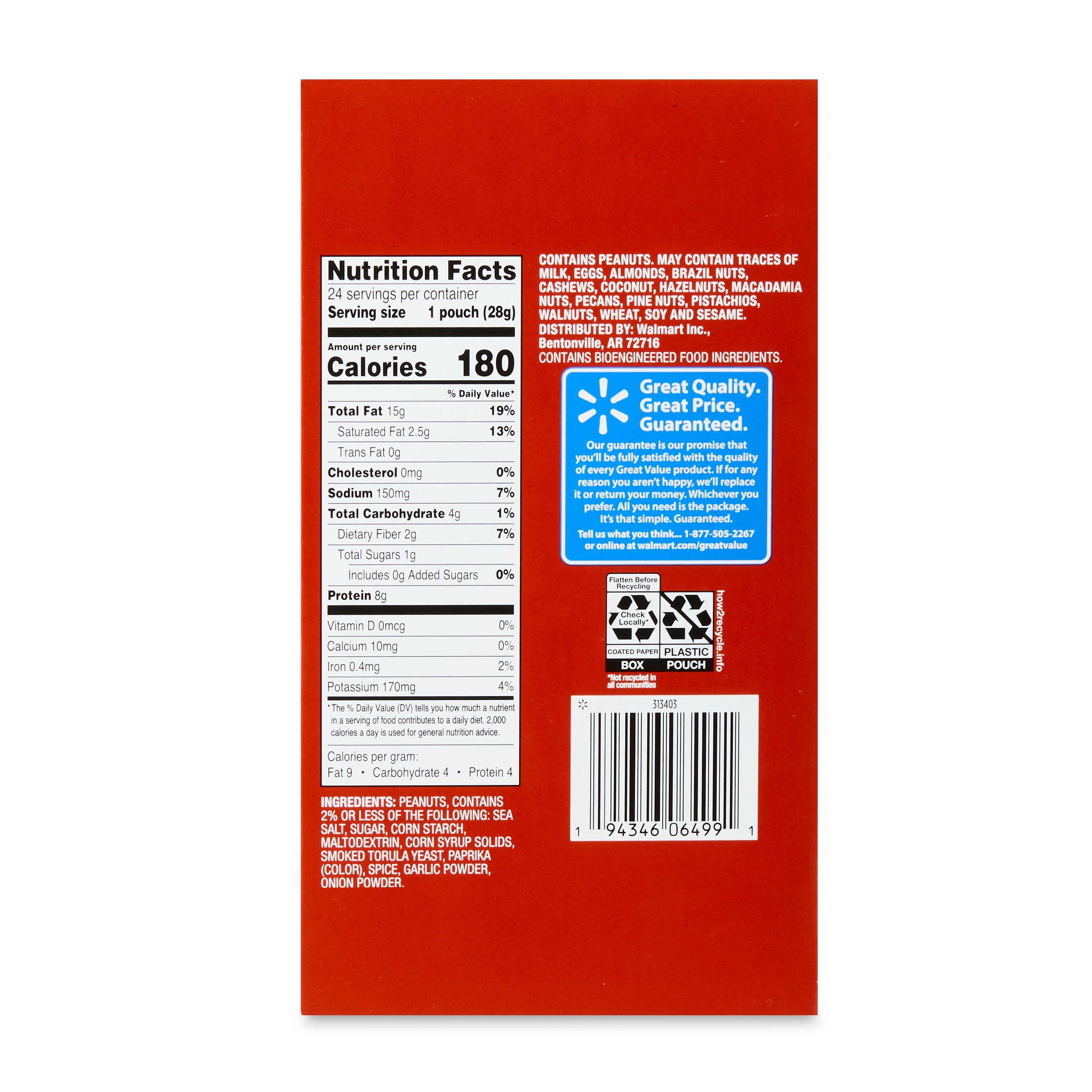 Great Value Dry Roasted Peanuts Seasoned with Sea Salt, 1 oz, 24 Count