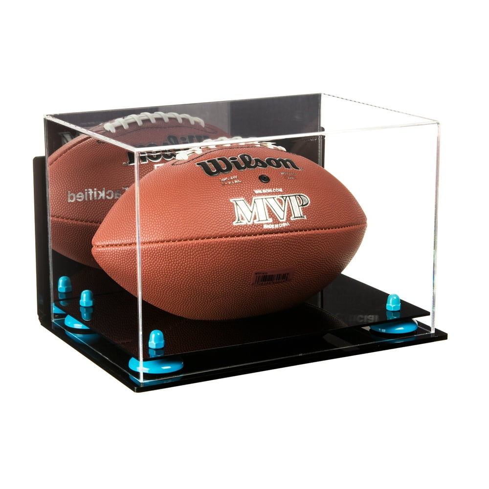 Deluxe Acrylic Football Display Case with Blue Risers, Mirror and Wall