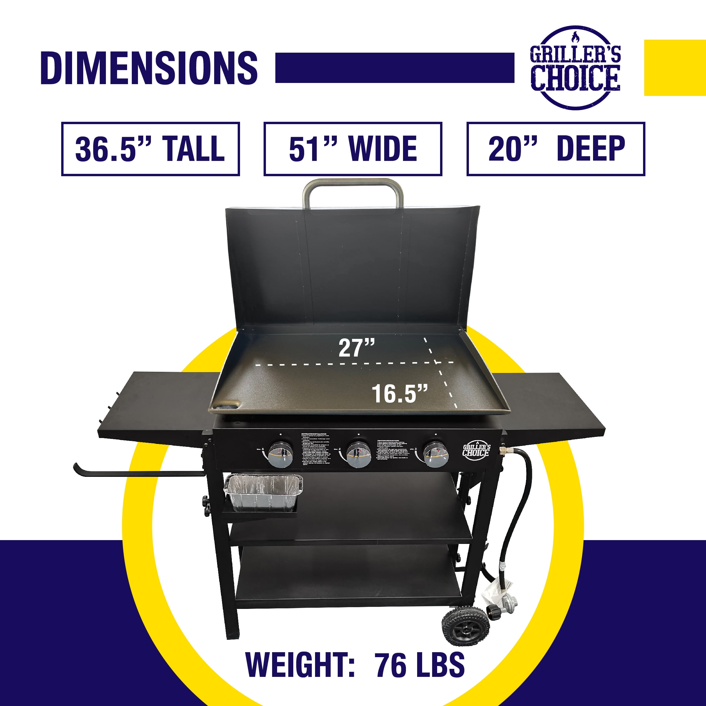 Griller's Choice Gas Griddle with Hinged Hood, Wind Guards, Front Grease Management, 4 Shelves, Propane Griddle for Outdoor Cooking, Steel Flattop Grills