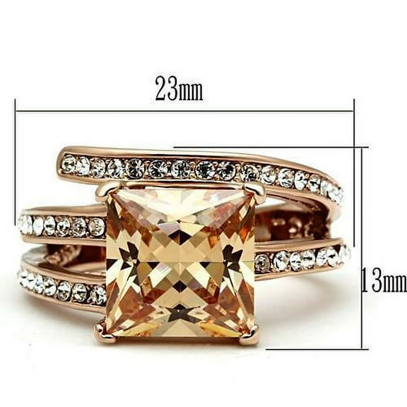 IP Rose Gold(Ion Plating) Stainless Steel Ring with AAA Grade CZ in Champagne for Women Champagne Stone Color Style TK1665 Size 10