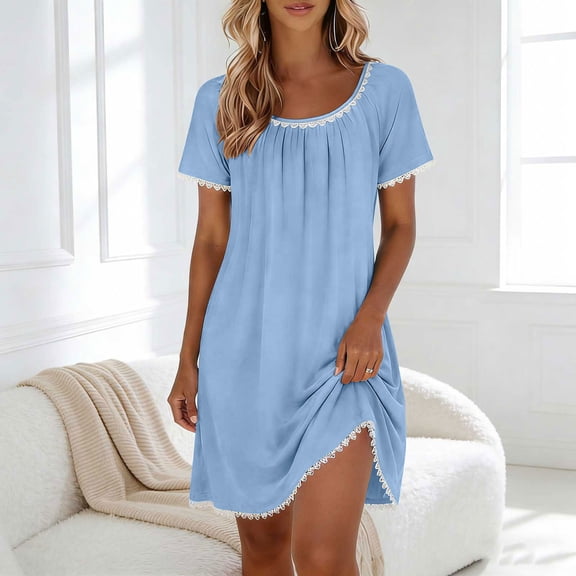 QUNYINEY Blue Women Plus Dresses Short Sleeve Midi Summer Lace T-Shirt Dress Drop Shoulder Pleated Lounge Crew Neck Loose Fit Dresses