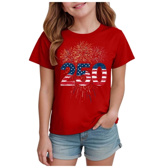 NIEWTR Girls 4th of July Top Casual Patriotic American Flag Tee Comfortable Short Sleeve Summer Shirt(Red,7-8 Years)