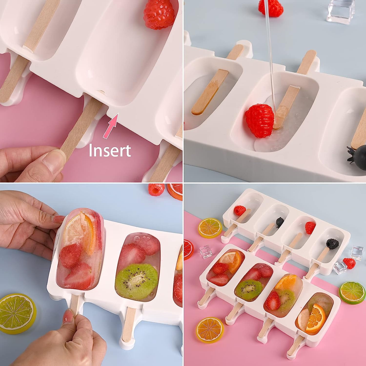 Holzlrgus Popsicle Silicone Molds Set, 2 PCS Ice Cream Molds with 50 Wooden Sticks for Cake Pop, Ice Pop, Cakesicles, (Standard Size/White)