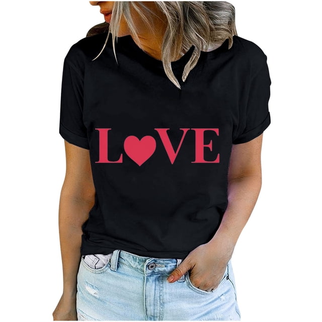 Diufon Hauts de la Saint-Valentin pour Femmes Décontracté Tendance Manches Courtes Col Rond Chemisier Imprimé Graphique Mignon