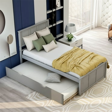 Twin Platform Bed with Twin Size Trundle, Wood Platform Bed Frame with Headboard for Kids Teens Adults, No Box Spring Needed, Gray 78.98''Lx42.7''Wx41.3''H