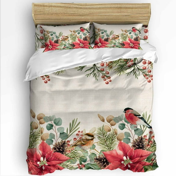 Christmas King Size Comforter Set, Red Green Poinsettia Floral Leaf Bird Retro Linen Soft Bedding for All Seasons, 4 Pcs Bed Set with 1Comforter (90"x106") ,1 Sheet(94"x116"), 2 Pillowcases (19"x35")