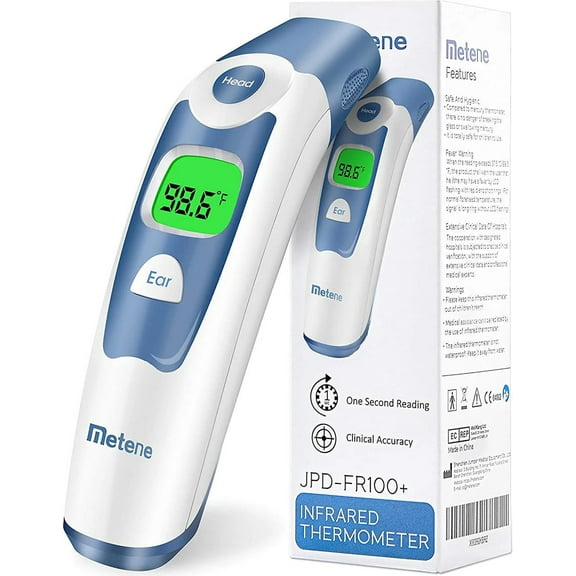 Metene Forehead and Ear Thermometer, Infrared Thermometer for Baby & Kid & Adult, 1s Fast Reading with 2 Colors Backlight Fever Alarm and 20 Memories Recall